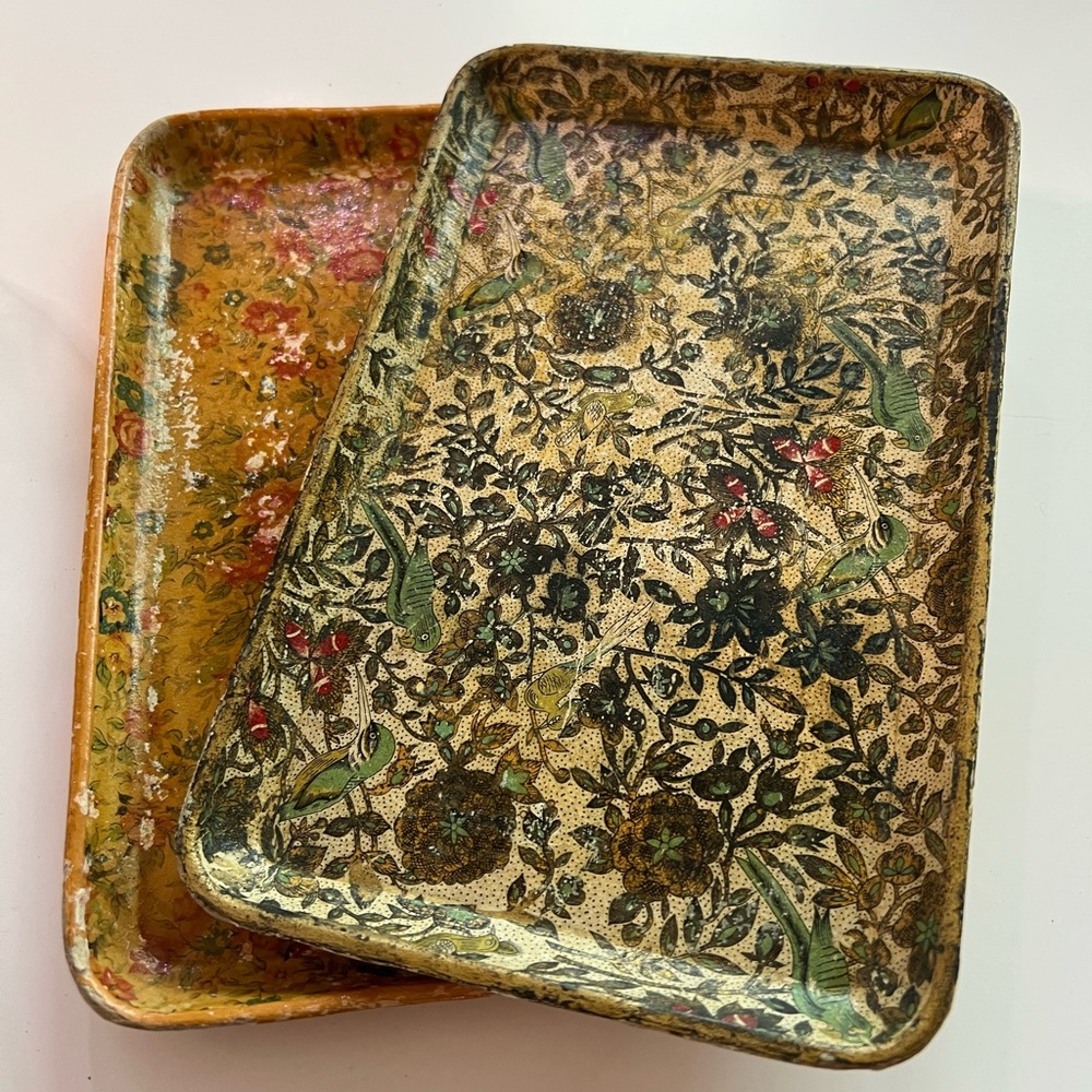 Vintage Italian Floral Jewelry Organizer trinket trays handmade floral bird pair